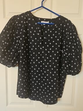 Navy Blouse with White Dot Puff Sleeves